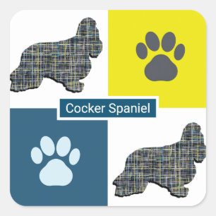 Cocker Spaniel Dog Silhouette & Paw Y&B Grid Square Sticker