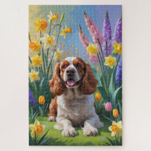 Cocker Spaniel Dog Spring Flowers Painting Jigsaw Puzzle