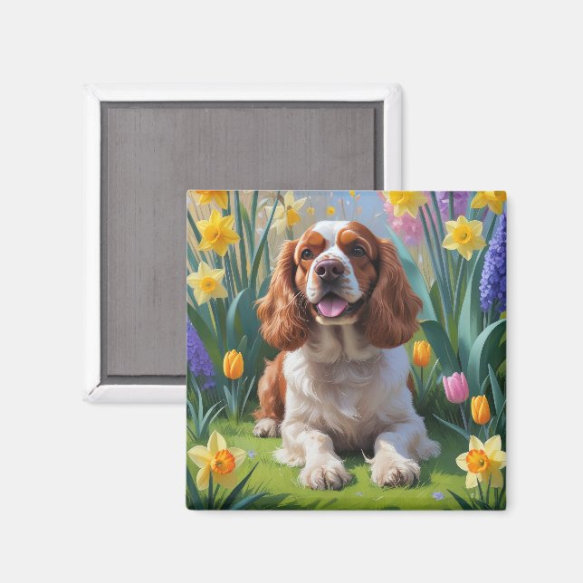 Cocker Spaniel Dog Spring Flowers Painting Magnet (Front/Back)