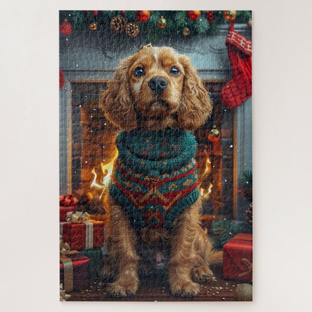 Cocker Spaniel Dog With Christmas Gifts Fireplace Jigsaw Puzzle (Vertical)