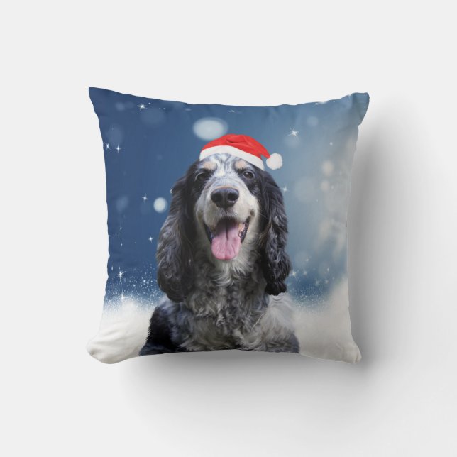 Cocker Spaniel Dog With Christmas Santa Hat Cushion (Front)