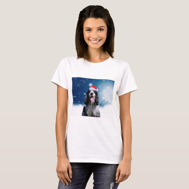 Cocker Spaniel Dog With Christmas Santa Hat T-Shirt (Front Full)