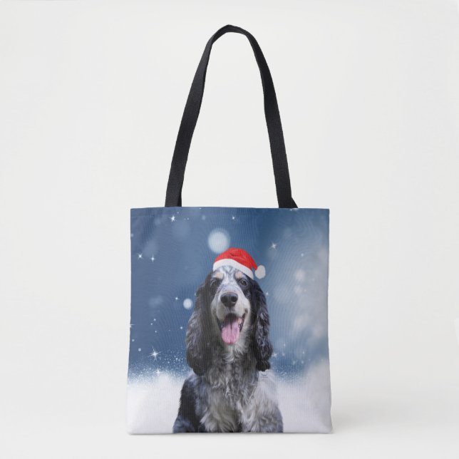Cocker Spaniel Dog With Christmas Santa Hat Tote Bag (Front)