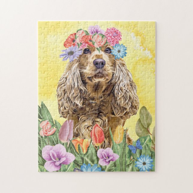 Cocker Spaniel Dog with Flowers Spring Jigsaw Puzzle (Vertical)