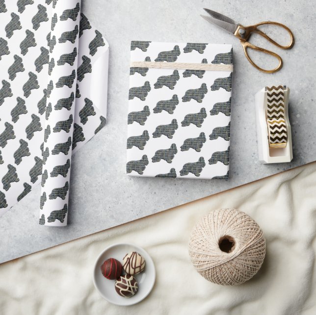 Cocker Spaniel Dog Y&B Silhouette Grid White Wrapping Paper (Crafts)