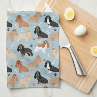 Cocker Spaniel Dogs Bones and Paws Blue Tea Towel