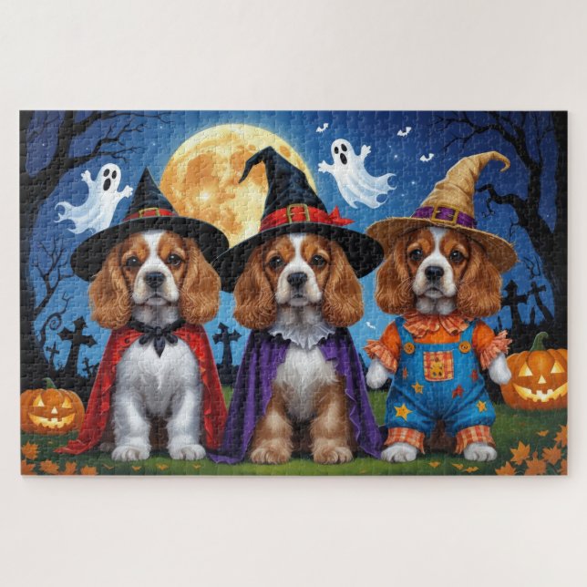 Cocker Spaniel Dogs Pumpkin Halloween Funny Jigsaw Puzzle (Horizontal)