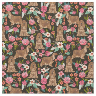 Cocker Spaniel dogs vintage florals black Fabric