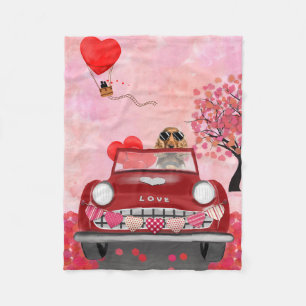 Cocker Spaniel Driving Car with Hearts Valentine's Fleece Blanket