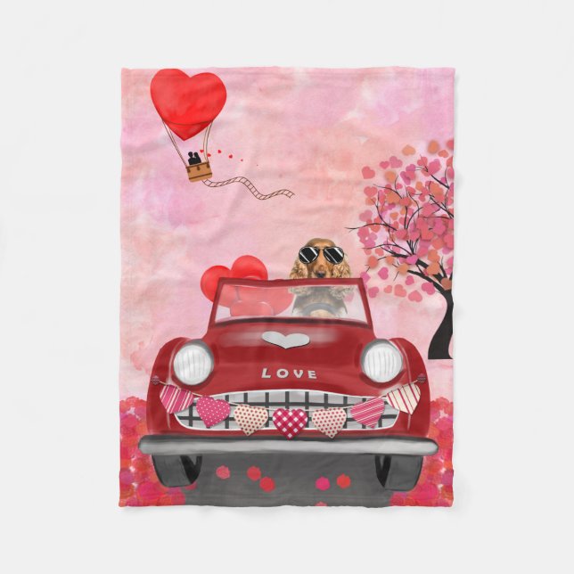 Cocker Spaniel Driving Car with Hearts Valentine's Fleece Blanket (Front)