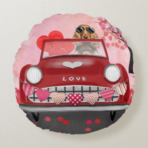Cocker Spaniel Driving Car with Hearts Valentine's Round Cushion