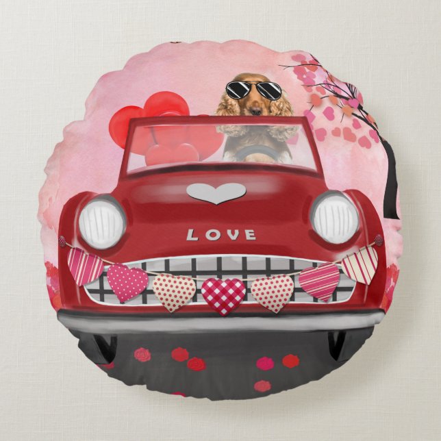 Cocker Spaniel Driving Car with Hearts Valentine's Round Cushion (Front)