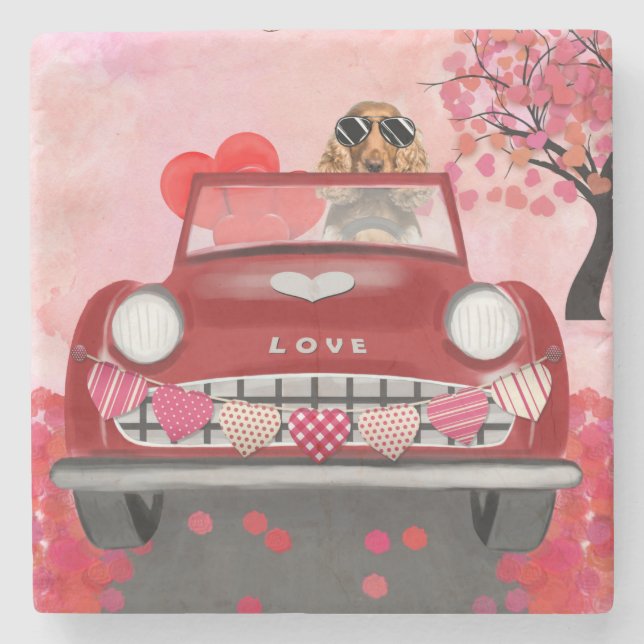 Cocker Spaniel Driving Car with Hearts Valentine's Stone Coaster (Front)
