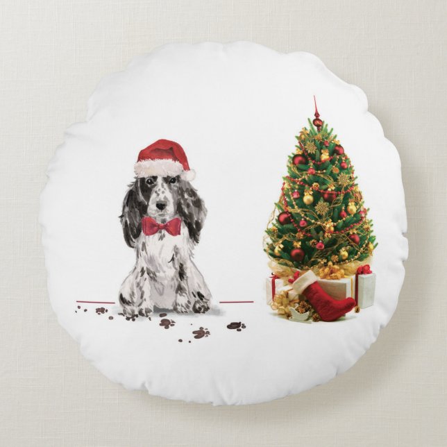 Cocker Spaniel Funny Christmas Dog with Tree Round Cushion (Front)