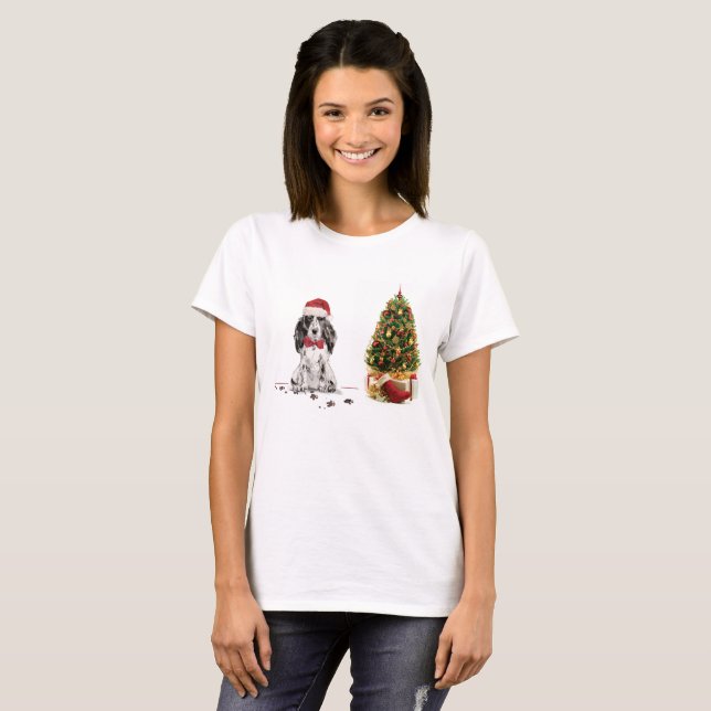 Cocker Spaniel Funny Christmas Dog with Tree T-Shirt (Front Full)