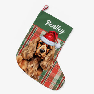 Cocker Spaniel Green and Red Plaid with Dog's Name Large Christmas Stocking