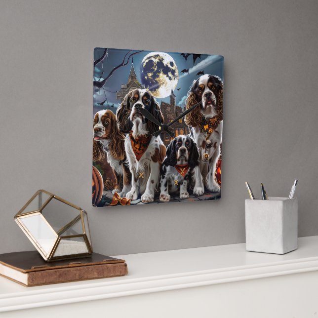 Cocker Spaniel Halloween Spooky Square Wall Clock (Office)