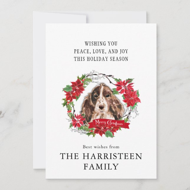 Cocker Spaniel Head Brown Watercolor Poinsettia  Holiday Card (Front)