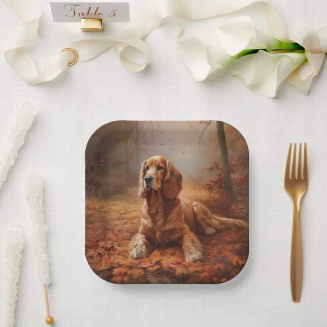 Cocker Spaniel in Autumn Leaves Fall Inspire Paper Plate (Wedding)