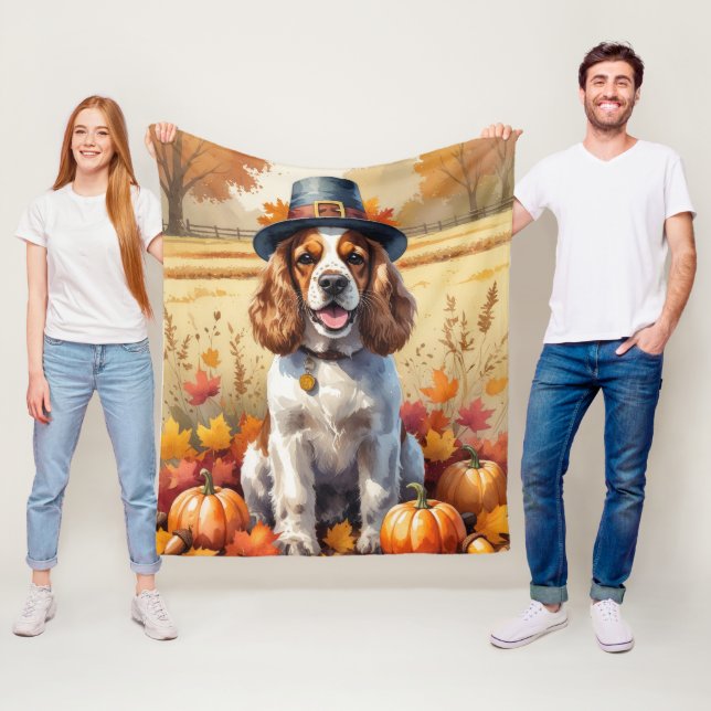 Cocker Spaniel In Autumn Leaves Thanksgiving Art Fleece Blanket (In Situ)