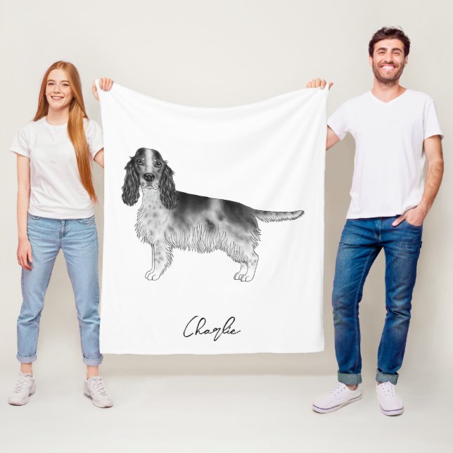 Cocker Spaniel In Black And White & Custom Name Fleece Blanket (In Situ)