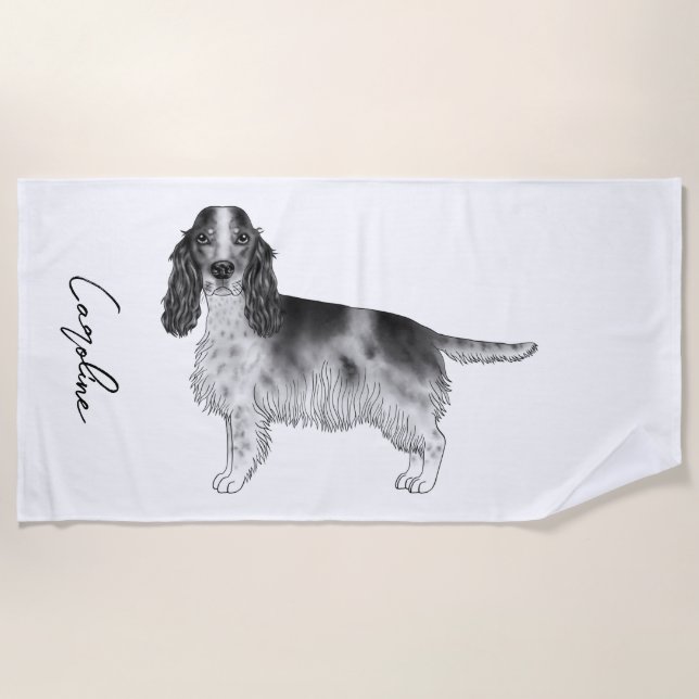 Cocker Spaniel In Black And White & Custom Text Beach Towel (Front)