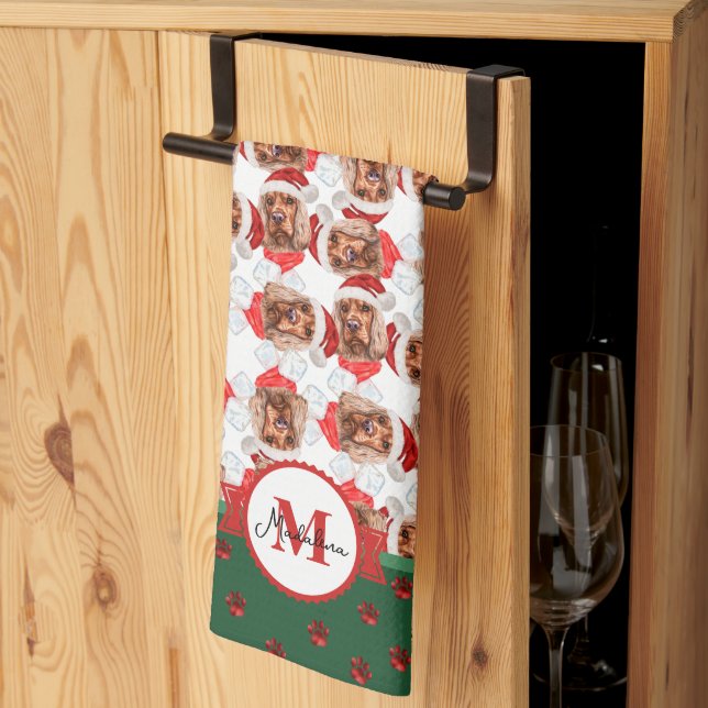 Cocker Spaniel Pattern Monogram Christmas Dog Tea Towel (Thirds Fold)