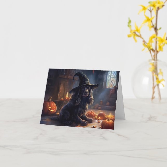 Cocker Spaniel Pumpkins Halloween Scary Card (Yellow Flower)