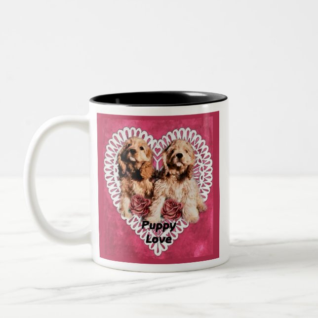 Cocker Spaniel Puppies Valentines Two-Tone Coffee Mug (Left)