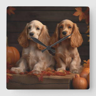 Cocker Spaniel Puppy Autumn Delight Pumpkin Square Wall Clock