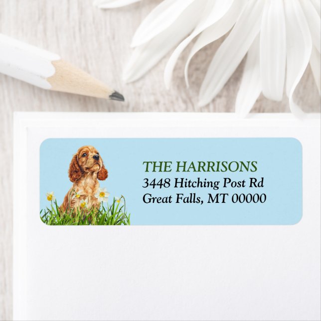Cocker Spaniel Puppy Daffodil Garden Return Address Label (Insitu)