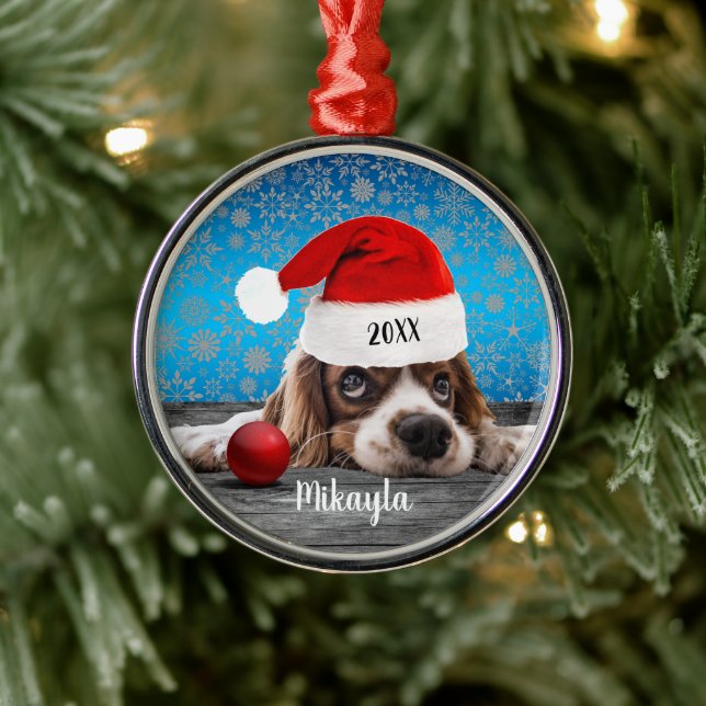 Cocker Spaniel Puppy in Santa Hat Christmas  Metal Ornament (Tree)