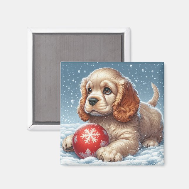 Cocker Spaniel Puppy Resting on Snow With a Ball Magnet (Front/Back)