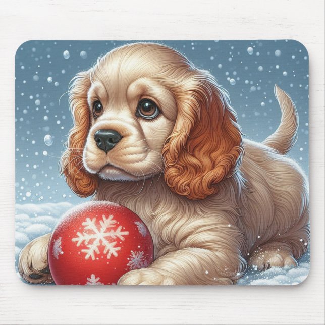 Cocker Spaniel Puppy Resting on Snow With a Ball Mouse Pad (Front)