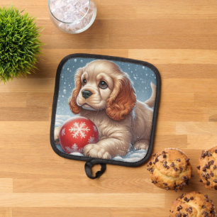 Cocker Spaniel Puppy Resting on Snow With a Ball  Pot Holder
