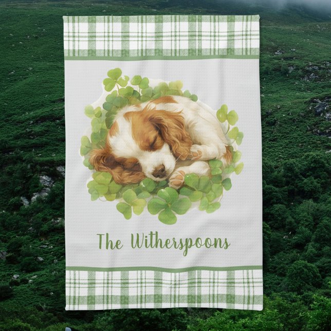 Cocker Spaniel Puppy Sleeping in Shamrocks Plaid  Tea Towel (Creator Uploaded)