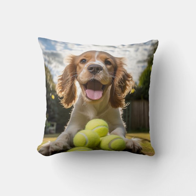 Cocker🐕 Spaniel Puppy with Tennis balls Cushion (Front)