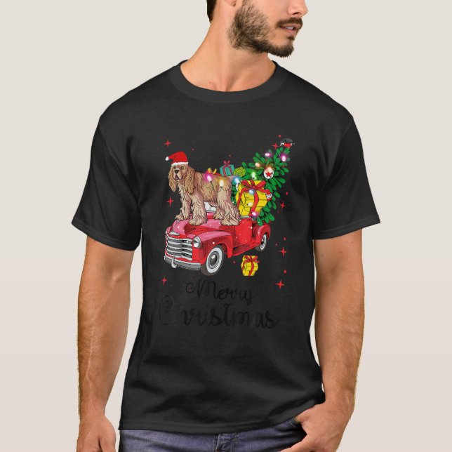Cocker Spaniel Rides Red Truck Christmas Pajama T  T-Shirt (Front)