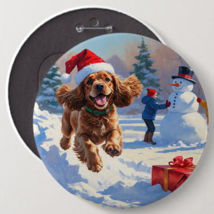 Cocker Spaniel Running in Snow with Christmas Hat 6 Cm Round Badge