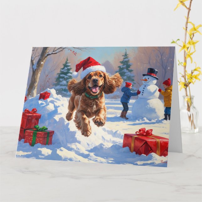 Cocker Spaniel Running in Snow with Christmas Hat Card (Yellow Flower)