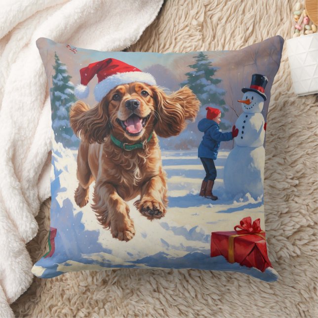Cocker Spaniel Running in Snow with Christmas Hat Cushion (Blanket)