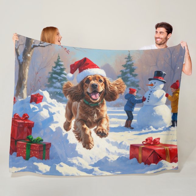 Cocker Spaniel Running in Snow with Christmas Hat Fleece Blanket (In Situ)