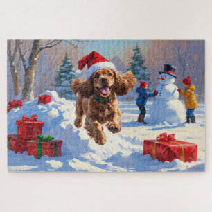 Cocker Spaniel Running in Snow with Christmas Hat Jigsaw Puzzle