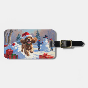 Cocker Spaniel Running in Snow with Christmas Hat Luggage Tag