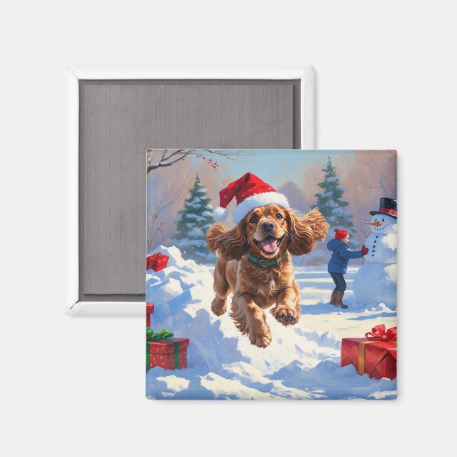 Cocker Spaniel Running in Snow with Christmas Hat Magnet (Front/Back)