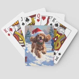 Cocker Spaniel Running in Snow with Christmas Hat Playing Cards