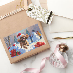 Cocker Spaniel Running in Snow with Christmas Hat Rectangular Sticker