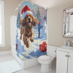Cocker Spaniel Running in Snow with Christmas Hat Shower Curtain