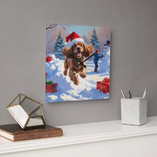 Cocker Spaniel Running in Snow with Christmas Hat Square Wall Clock