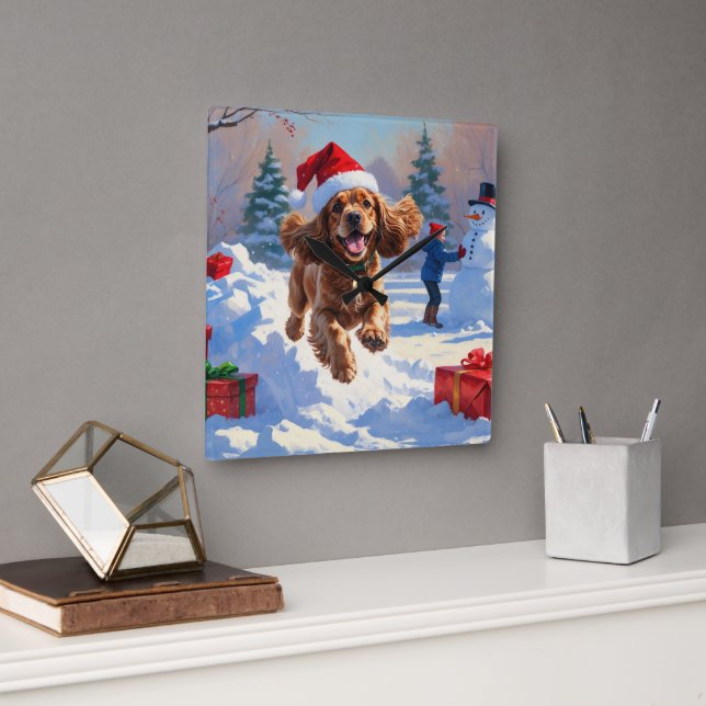 Cocker Spaniel Running in Snow with Christmas Hat Square Wall Clock (Office)